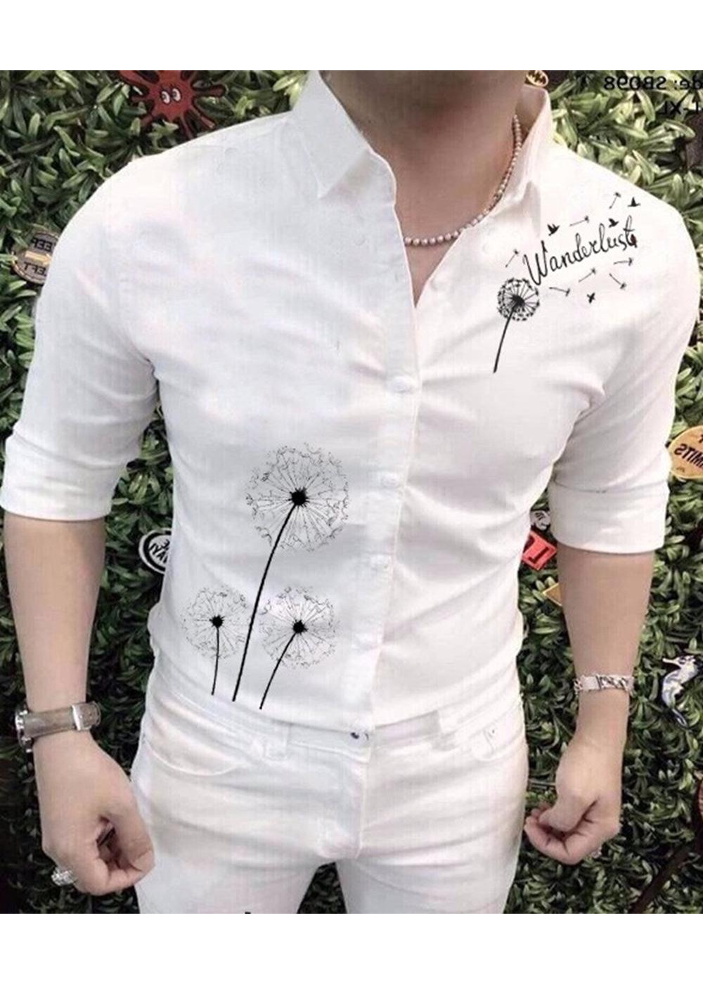 Áo sơ mi nam họa tiết bồ công anh kèm chữ