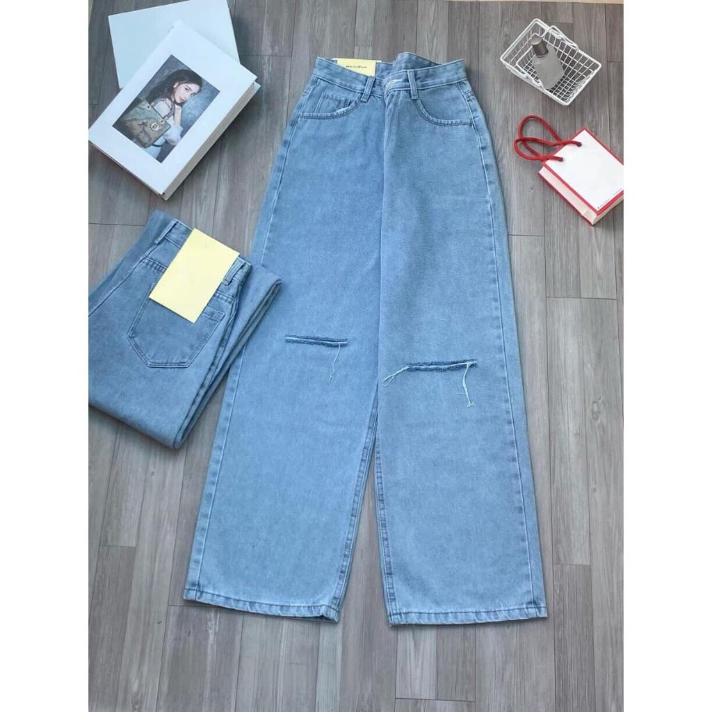 QUẦN JEANS NỮ ỐNG RỘNG RÁCH GỐI