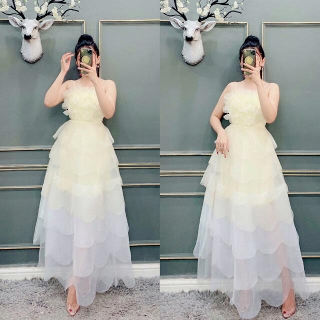 ĐẦM MAXI XẾP TẦNG 2 DÂY KẾT HOA NỔI - SIZE M/L ĐẾN 57kgMM MM