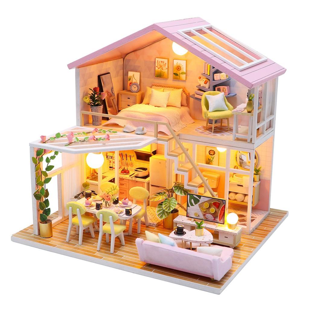 Mô hình nhà gỗ búp bê tự lắp ráp với nội thất mini 1 lầu có đèn cho bé mã M2001 quà tặng cho bé trẻ em