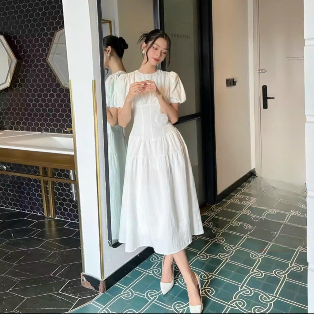 Đầm xoè tay phồng xếp li eo