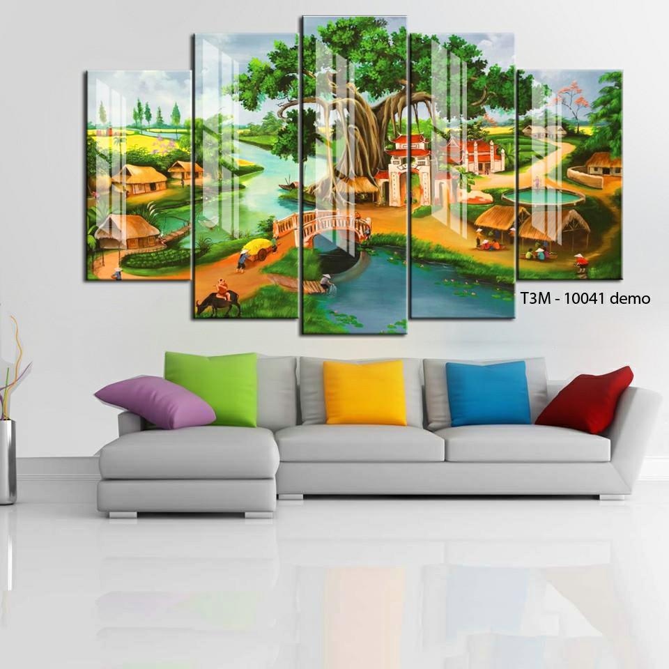 Tranh treo tường trang trí Đồng quê Việt Nam 5 tấm 3D/gỗ MDF Hàn Quốc chống ẩm mốc, mối mọt