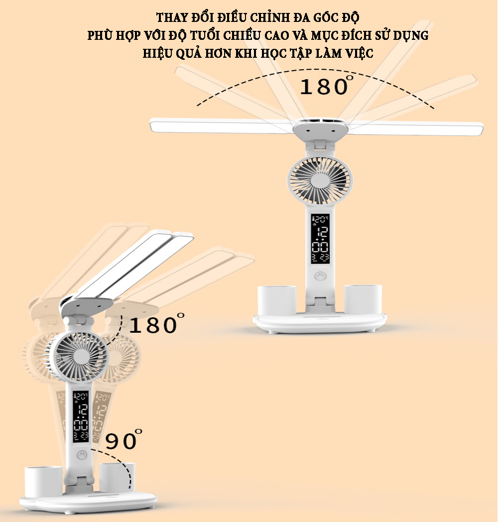 Đèn bàn đọc sách bảo vệ mắt dung lượng pin 3200mA tích hợp màn hình hiển thị nhiệt độ thời gian, quạt gió điều chỉnh 3 tốc độ ánh sáng 3 màu có thể tăng giảm