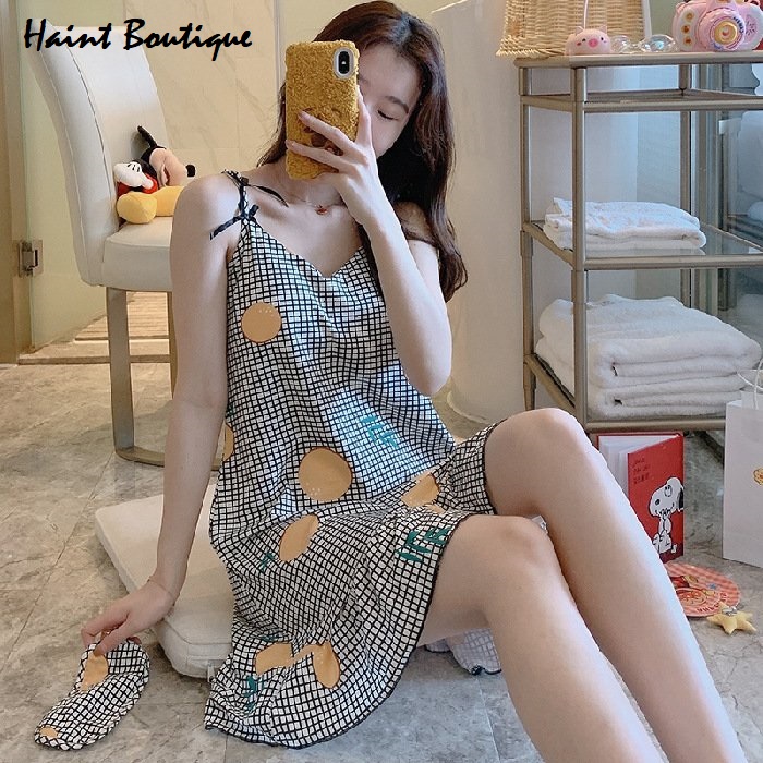 Đầm mặc nhà 2 dây Haint Boutique thiết kế đuôi cá kẻ nhỏ trẻ trung Vn07