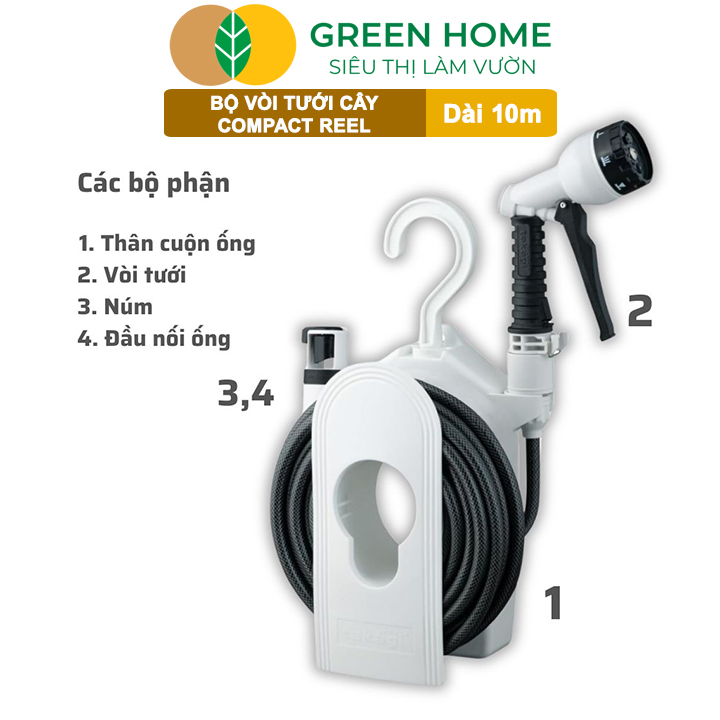 Bộ Ống Tưới Takagi Compact Reel GreenHone, Dài 10m, Treo Tường, Thiết Kế Gọn Nhẹ, Đa Năng Từ Nhật Bản