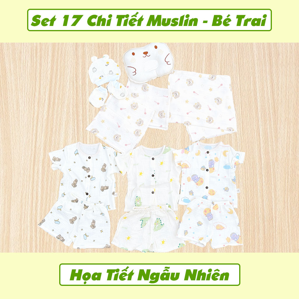 Set Quà Tặng Sơ Sinh Đầy Tháng Chất Muslin 17 Chi Tiết NB House Kids Cho Bé Trai Và Bé Gái