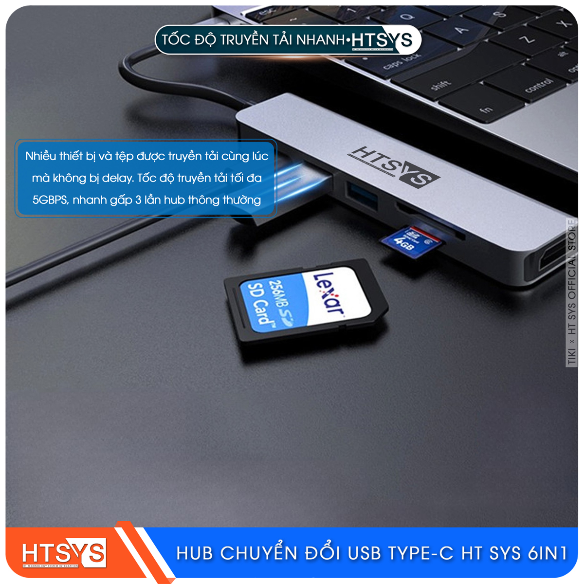 Hub Chuyển Đổi USB Type C HT SYS 6 in 1 To HDMI, USB 3.0, SD, TF, PD 100W - Hàng Chính Hãng