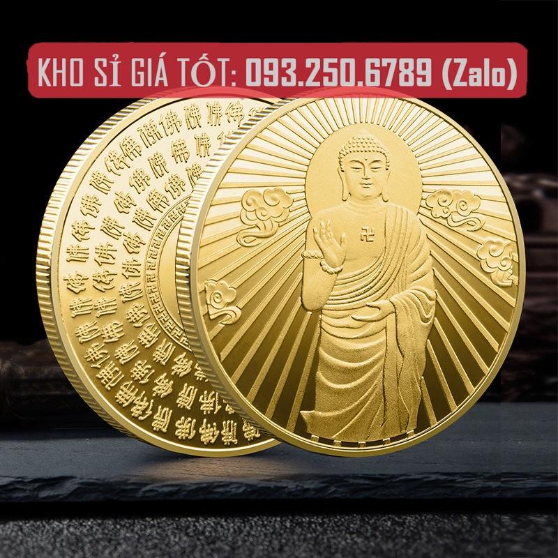 Xu Phật A Di Đà , Đồng xu làm bằng Niken mạ vàng, sáng bóng, mẫu Đứng, tặng túi gấm đỏ, Tiền lì xì tết 2023 , NELI