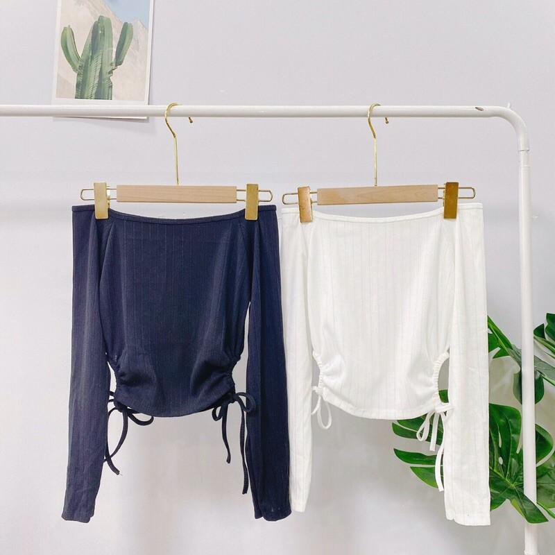 Áo bẹt vai dài tay buộc nơ 2 bên, áo thun nữ dài tay, ôm body, lên form cực chuẩn