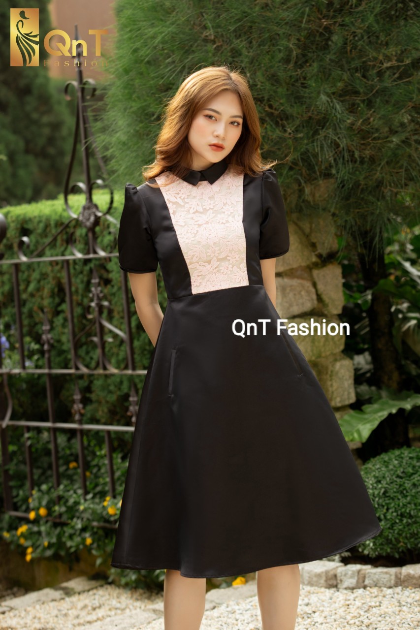 Đầm dự tiệc thiết kế dáng xòe-Đầm tafta đen 2 lớp phối ren chân A sang trọng,thanh lịch đi tiệc,đi làm hay đi chơi