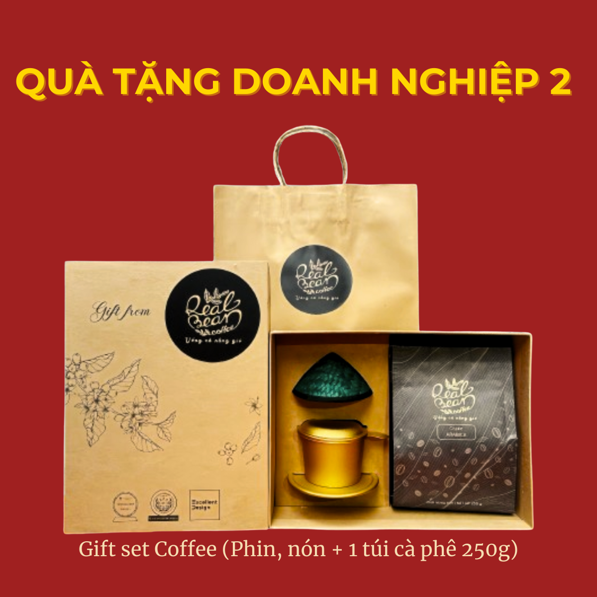 Quà Tặng Cà Phê 2 – Cà Phê 250g + Phin Nhôm + Nón Lá Thủ Công – REAL BEAN COFFEE