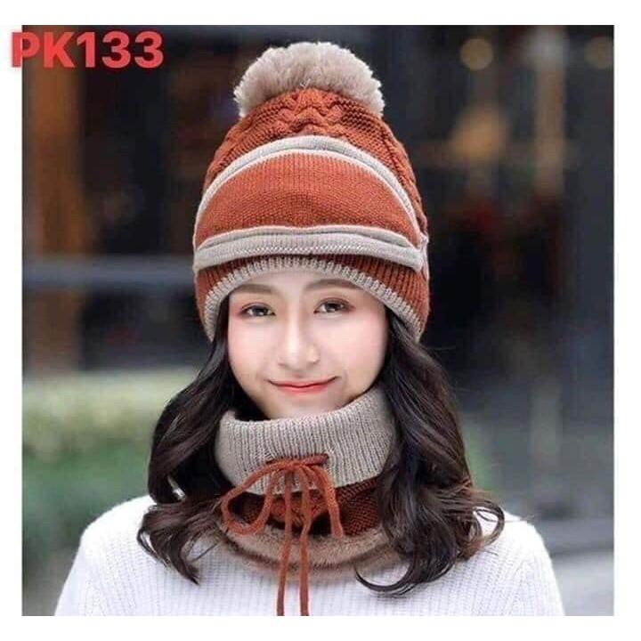 SET KHĂN MŨ LEN QUẢ BÔNG SIÊU DÀY ẤM CHO NỮ