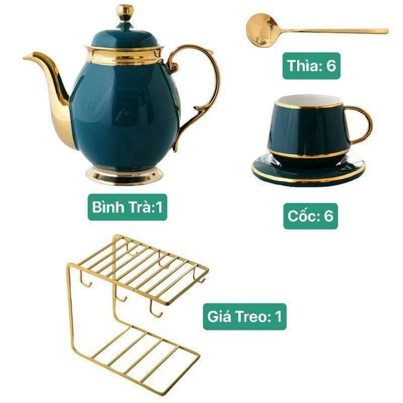 Bộ bình trà  uống trà cà phê màu xanh cổ vịt viền vàng kèm Giá treo cốc, 6 thìa vàng, 6 đĩa lót tách