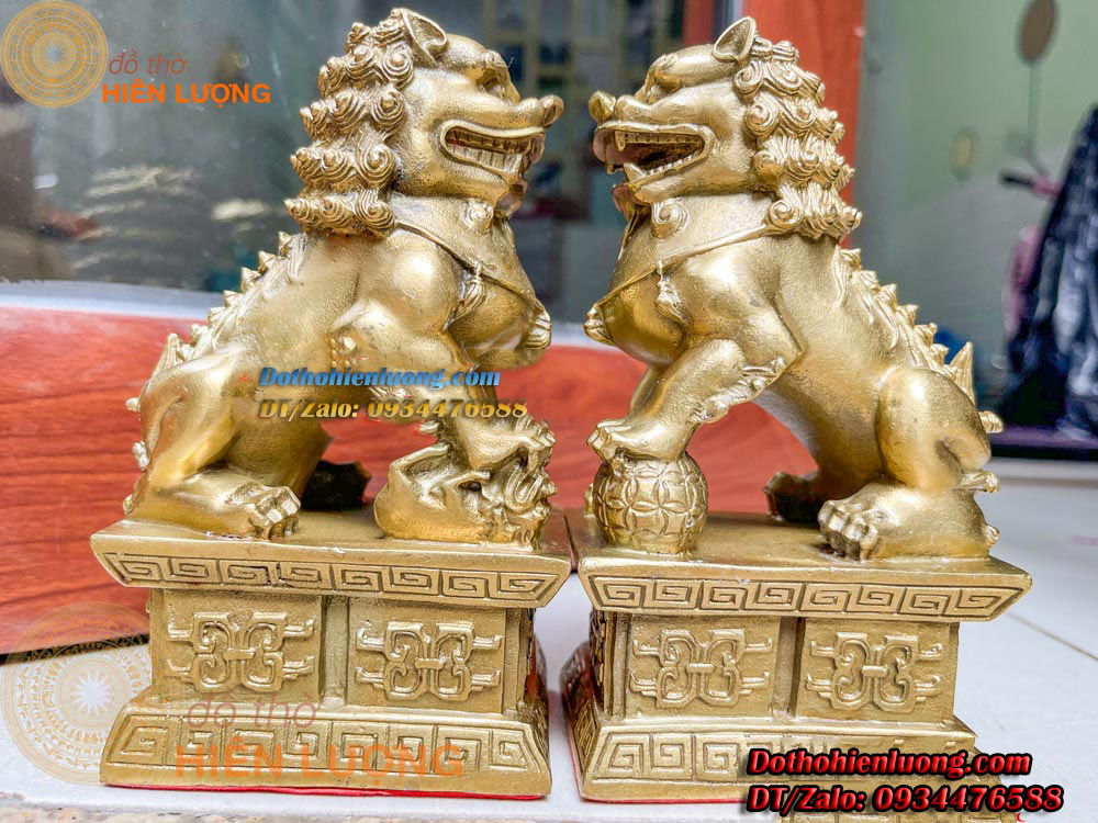 Đôi Nghê Ngồi Bệ Bằng Đồng Vàng Nguyên Chất Cao 15cm, Nặng 1kg Đẹp Tinh Xảo