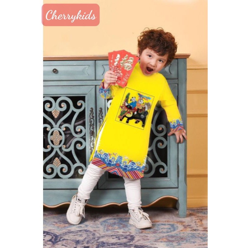 Áo dài tết cho bé trai mẫu tranh đông hồ từ 12-40kg hàng thiết kế cao cấp (áo lẻ không kèm quần)