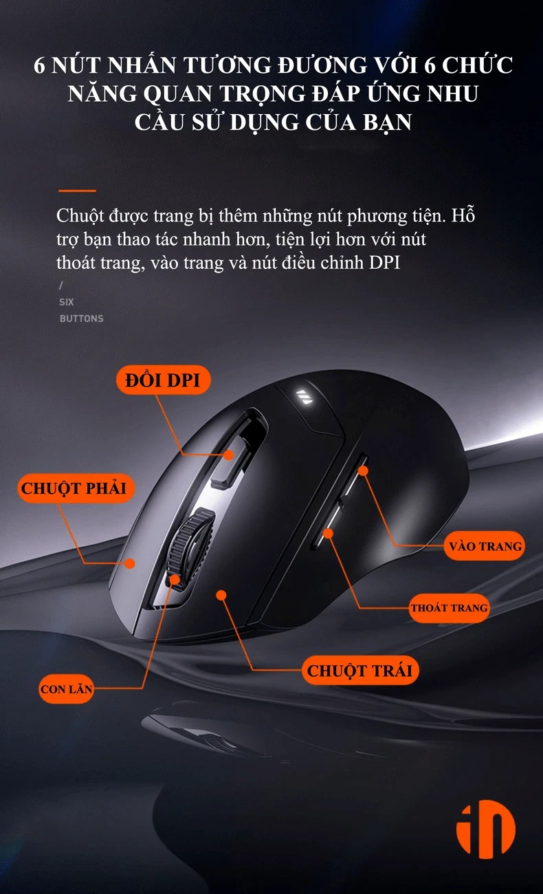 Chuột không dây INPHIC DR01 sử dụng pin sạc thiết kế hiện đại với độ DPI lên đến 1600 có đèn led báo hiệu dung lượng pin - HÀNG CHÍNH HÃNG