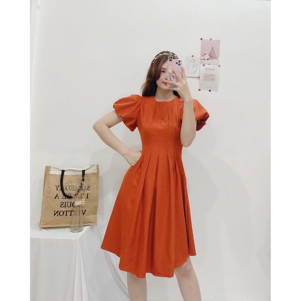 ĐẦM COTTON DỰ TIỆC CAM CỔ TRÒN TAY NGẮN PHỒNG DÁNG MAXI XÒE-hình thật shop chụp