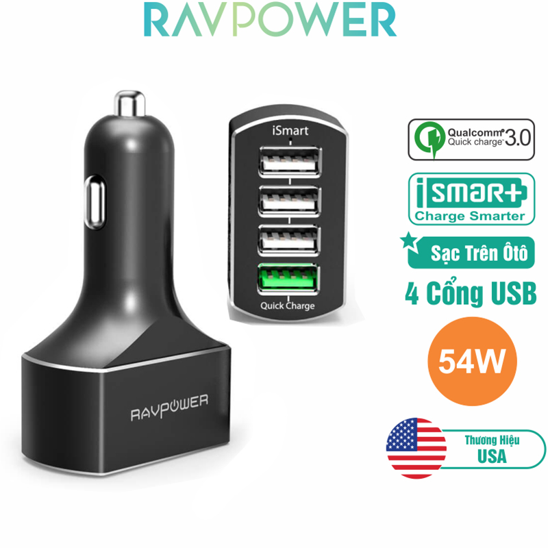 Sạc Xe Hơi 4 Cổng USB QC3.0 RAVPower VC003 (54W) – Đen - Hàng Chính Hãng