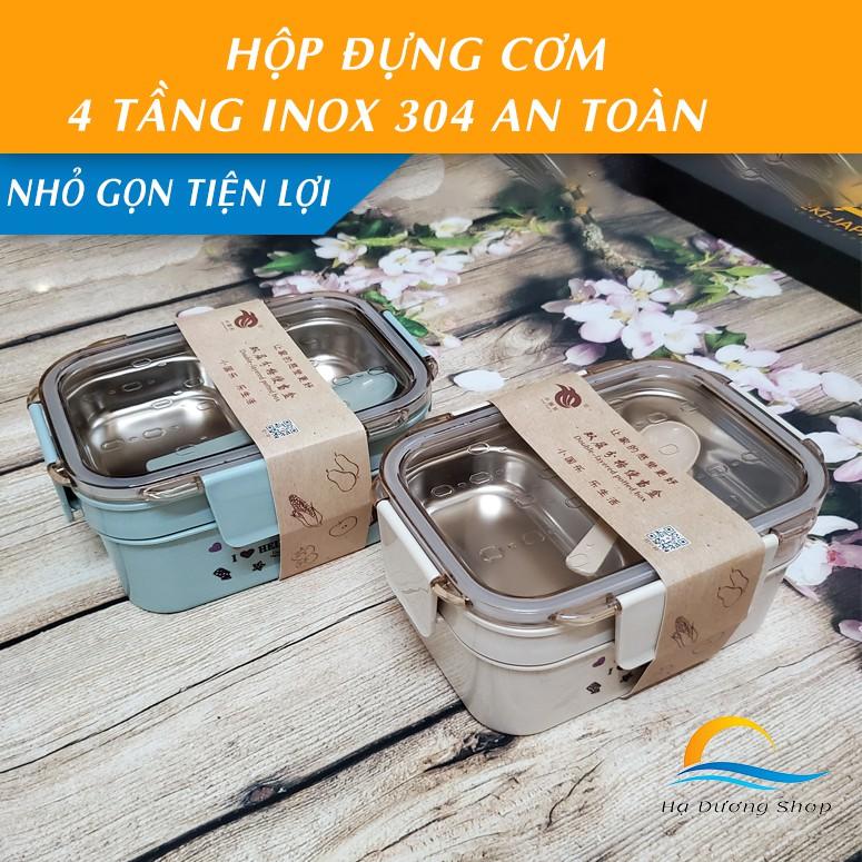 Hộp đựng cơm văn phòng inox cao cấp 304 gồm 4 khay có thìa nắp đậy khóa kép an toàn HADU