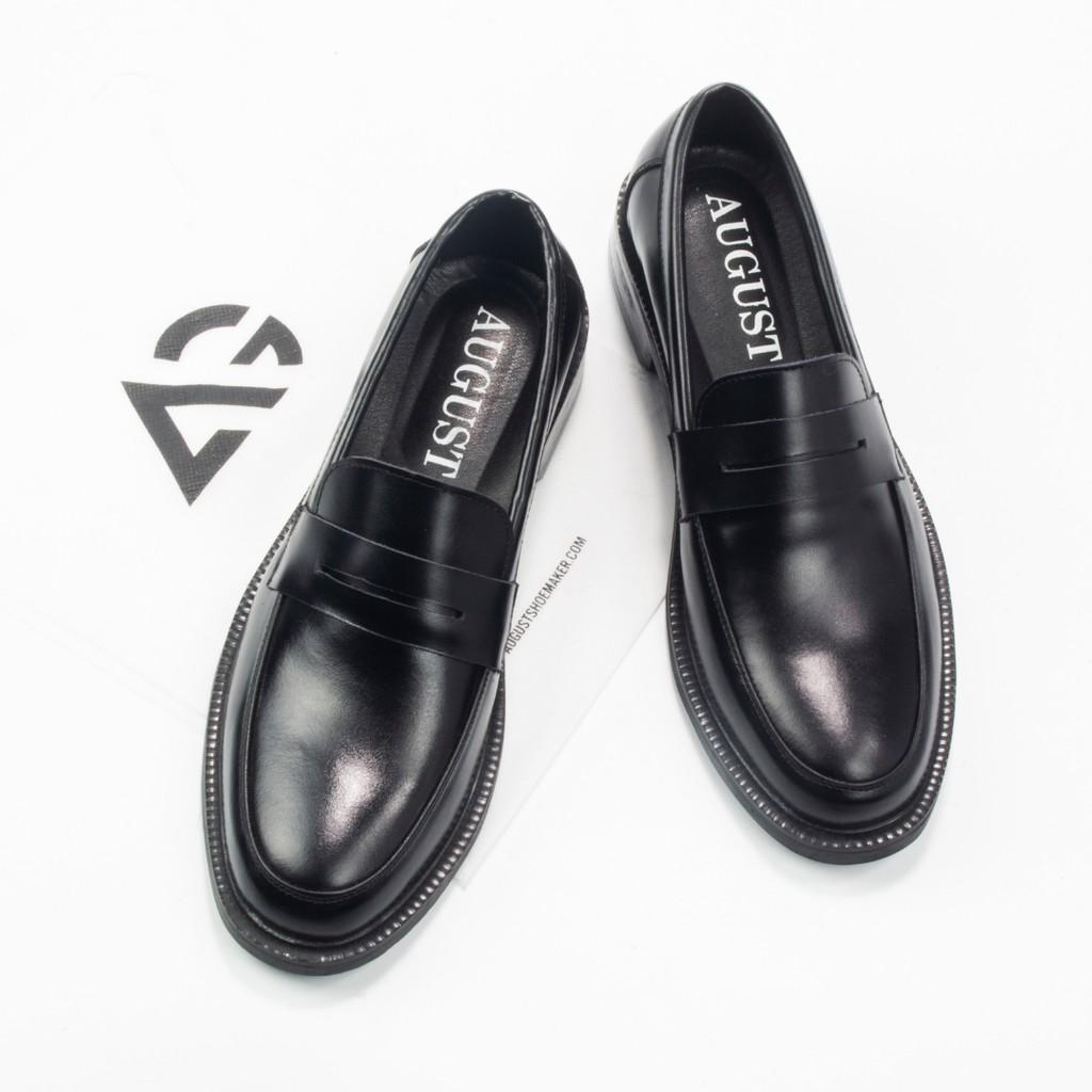 Giày da cao cấp da bò nhập khẩu handmade Penny Loafer Black August LF02