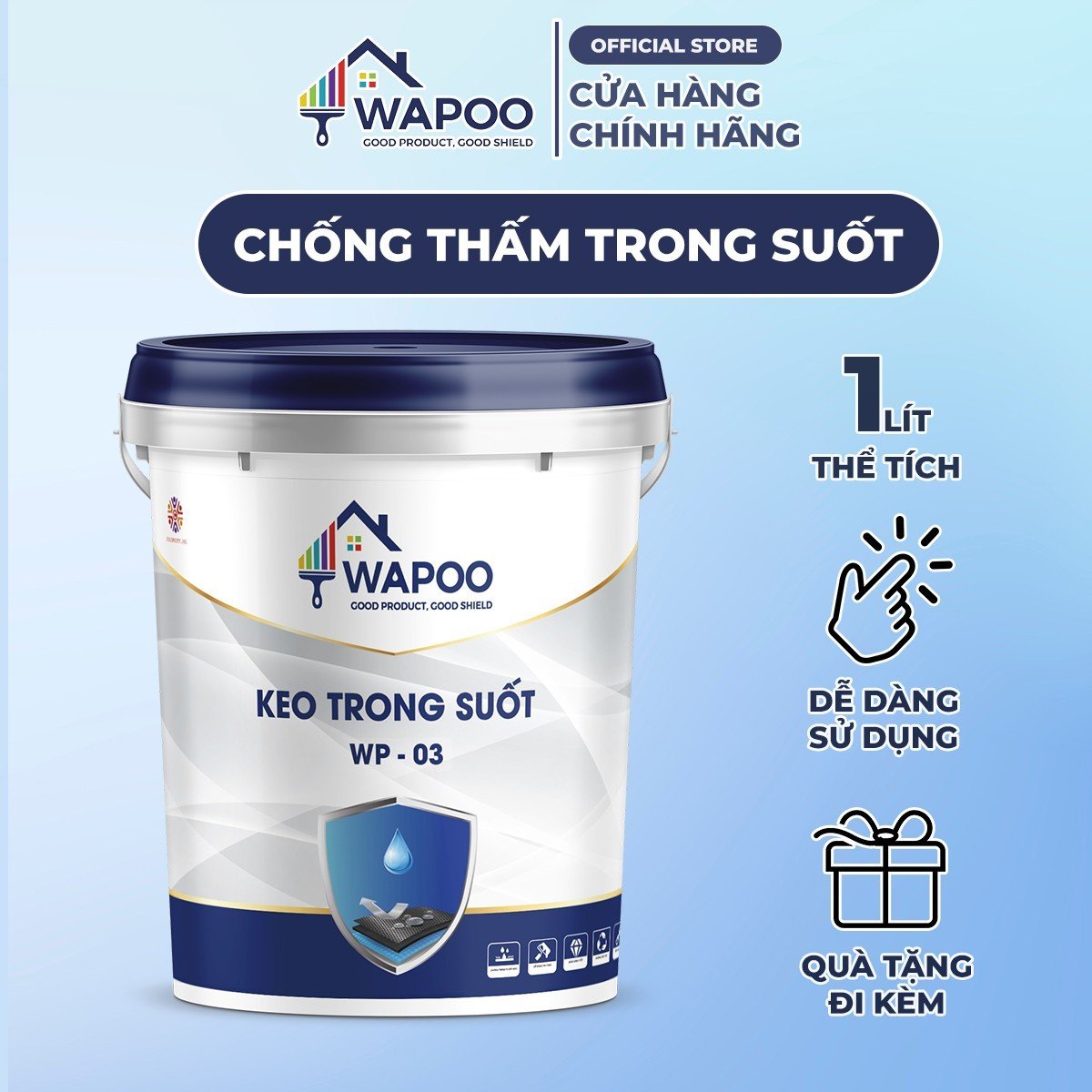 Keo Chống Thấm Trong Suốt Wapoo WP-03, Dung Tích 1L - Chống Thấm Nền Gạch, Sàn Nhà, Nhà Vệ Sinh, Cửa Gỗ, Gỗ Công Nghiệp