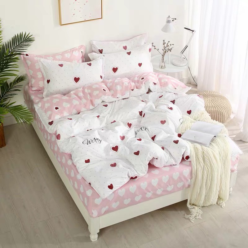 Bộ chăn ga gối cotton LIDACO PL1 - Tim Trắng (SP001248) - TẶNG VỎ GỐI ÔM