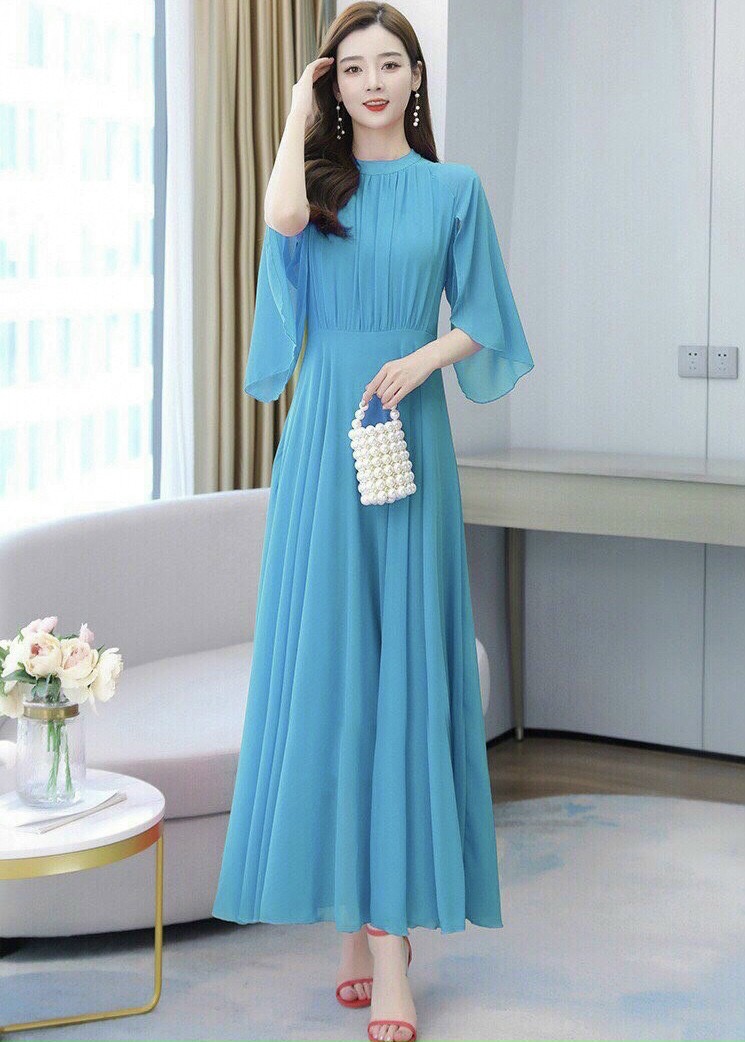 Đầm maxi xếp li tay cánh tiên