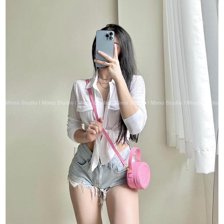 Thun dài tay cổ sơ mi phối túi- Quần short rách lưng thấp