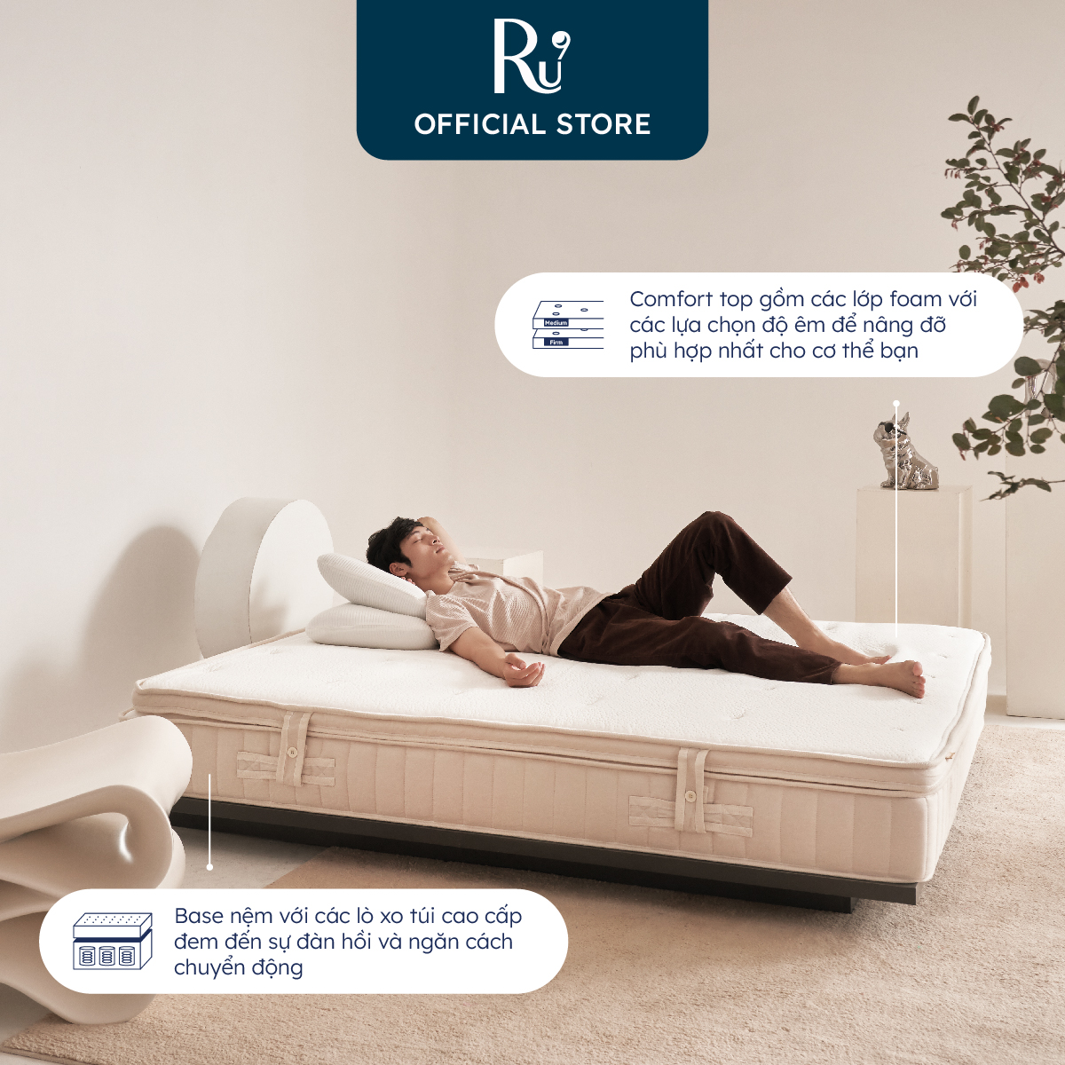 Nệm Hybrid Ru9 25cm, Công Nghệ Mới Kết Hợp Hai Túi Lò Xo Và Foam, Tùy Chọn Độ Êm, Nâng Đỡ Và Đàn Hồi, 3 Kích Thước