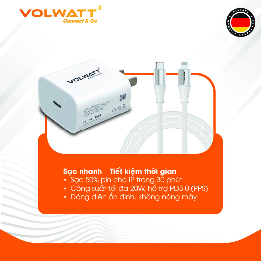 Bộ củ cáp sạc nhanh Volwatt GE-20-SCL 20W hàng chính hãng | Adapter PD Type-C + Cáp Type-C to L 27W, dài 1m – Sạc nhanh cho iPhone/iPad
