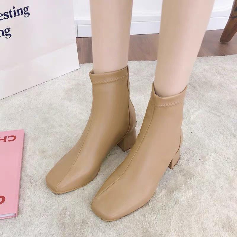 Giày bốt nữ cổ cao da mềm khóa sau, giày bốt ullzang mũi vuông gót trụ