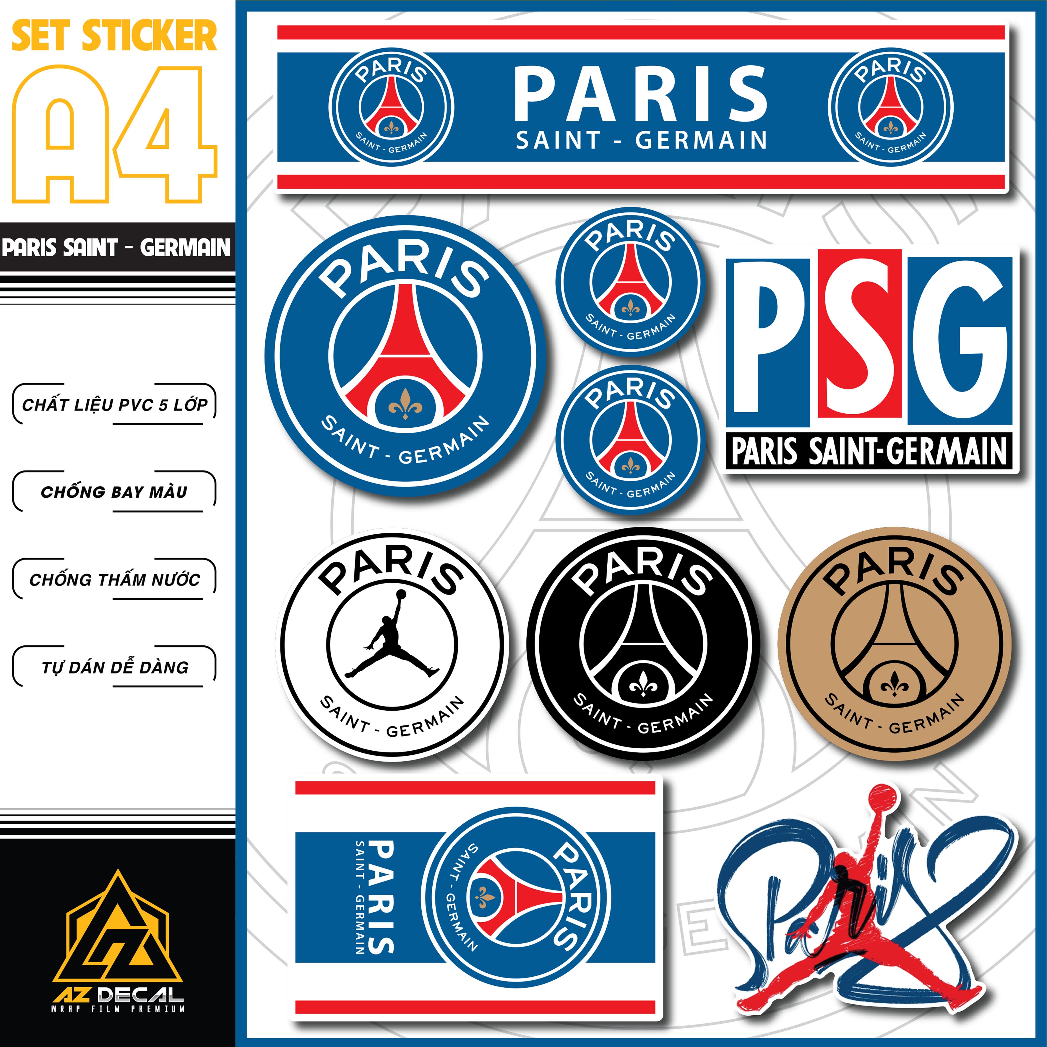 Hình Dán Sticker Paris Saint - Germain Dán Tem Xe, Dán Nón, Điện Thoại,... - Logo PSG Chất Liệu Chống Thấm Nước, Bền Màu