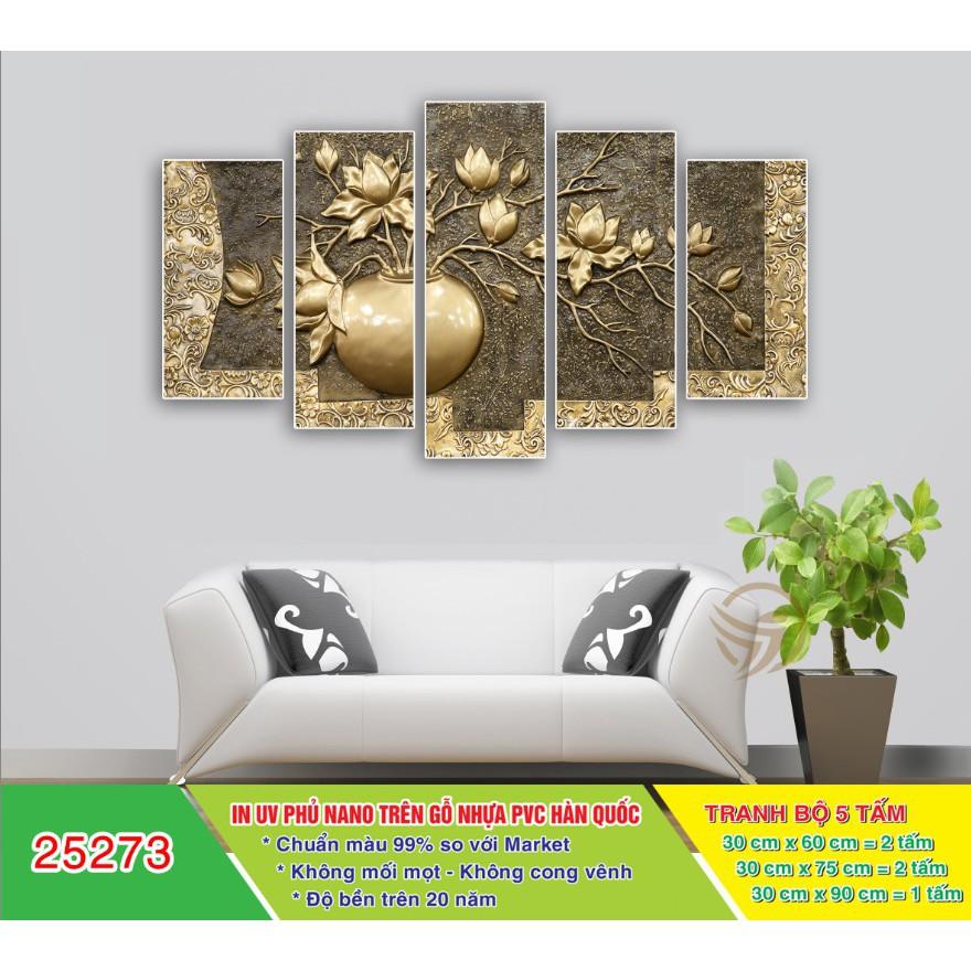 Tranh treo tường Bình hoa 5 tấm 3D/gỗ MDF Hàn Quốc chống ẩm mốc, mối mọt