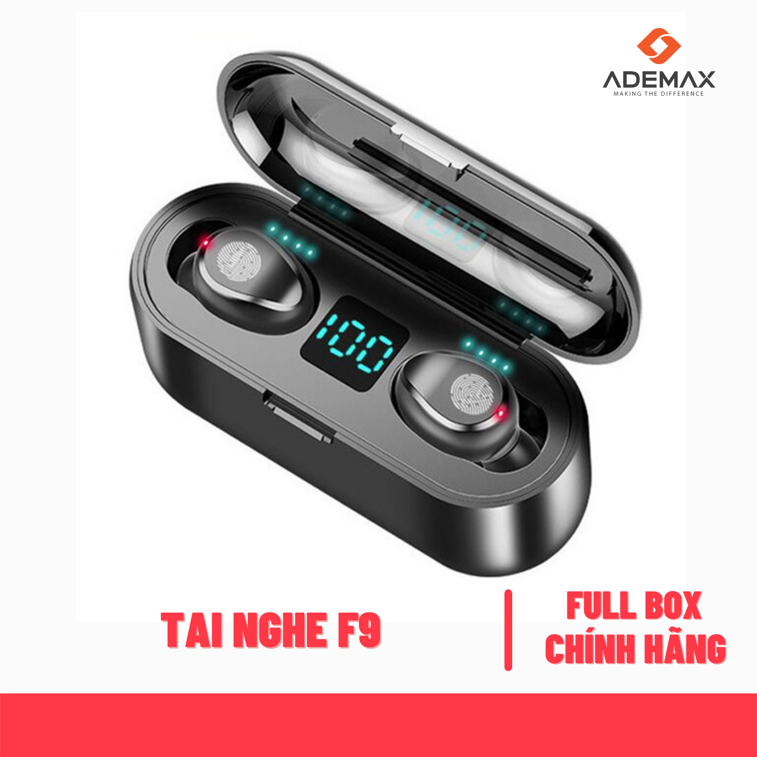 Tai Nghe Bluetooth Không Dây 5.0, ADEMAX F9, Cảm Ứng Vân Tay, Màn Led Báo Pin, Kháng Nước, Chống Ồn, Âm Thanh Cực Chất - Hàng chính hãng