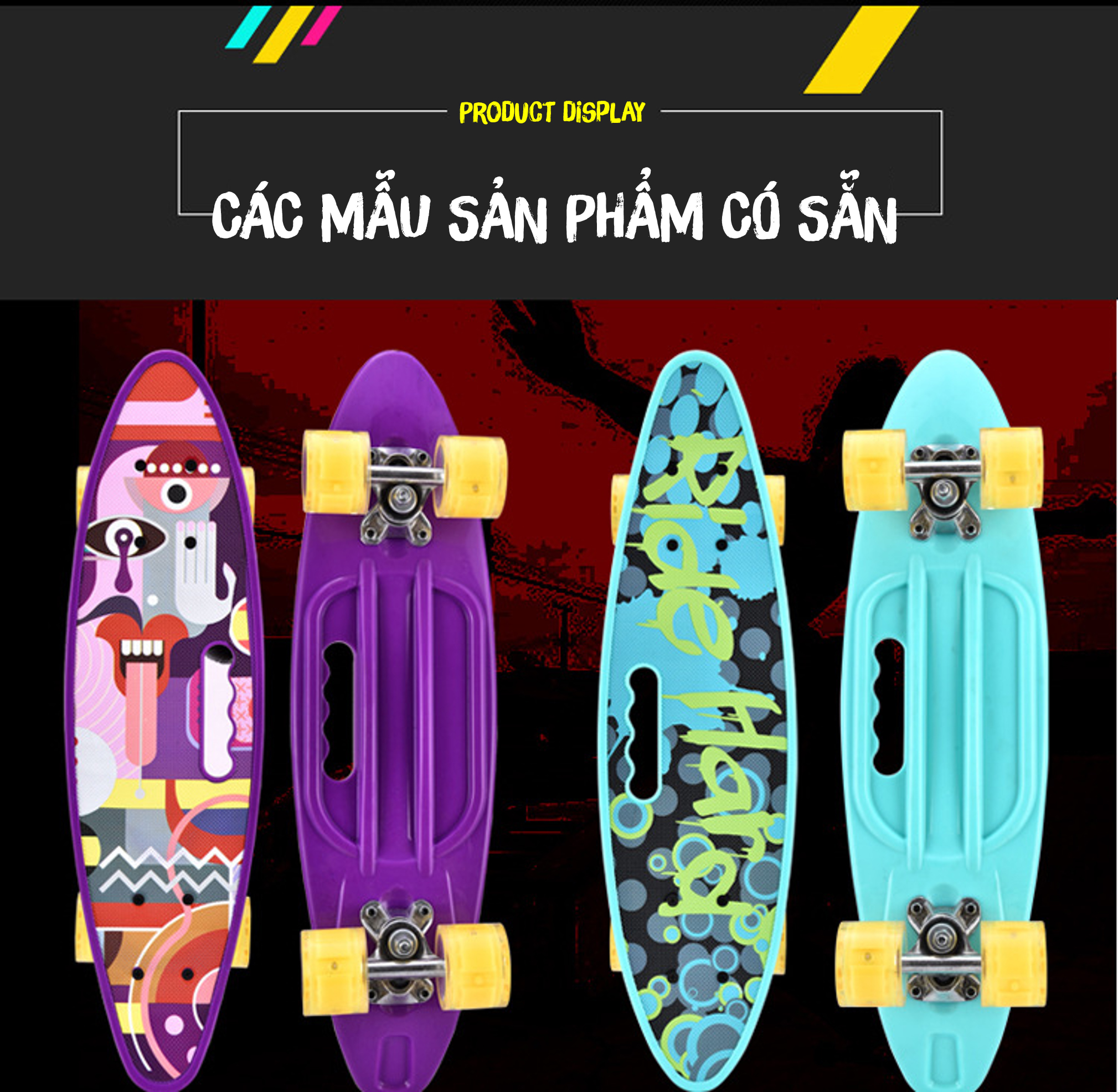 Ván Trượt Skateboard Penny - Có Tay Cầm - Trục Kim Loại To - Bánh Cao Su Có Đèn Led