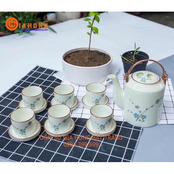 Bộ ấm tích men kem vẽ hoa đào gốm Gia Hưng Bát Tràng