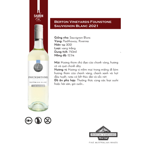 Rượu vang trắng Berton Vineyards Foundstone Sauvignon 750ml 12% Alc