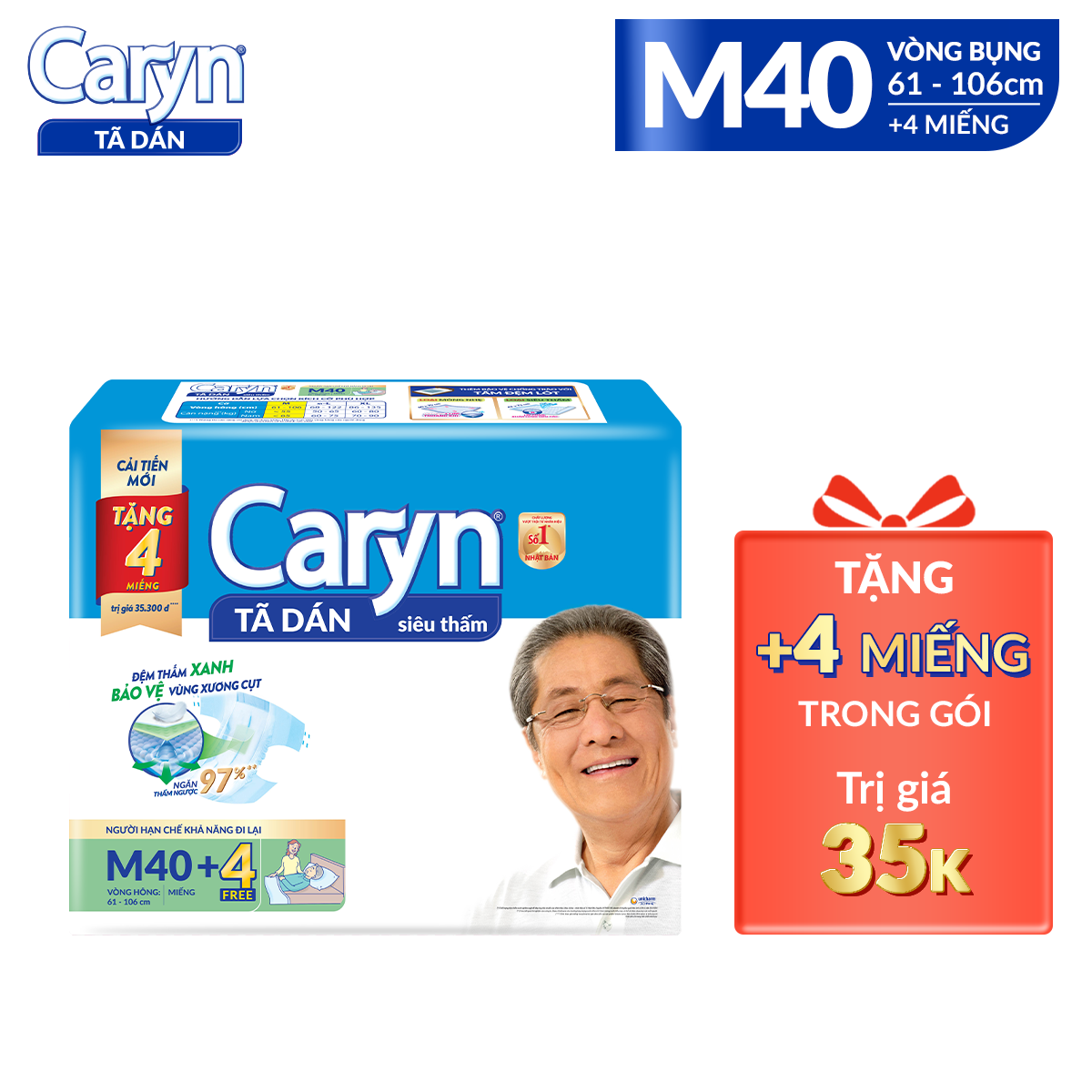 Tã Dán Siêu Thấm Caryn Gói Siêu Tiết Kiệm M40 (40 Miếng) + Tặng thêm 4 miếng