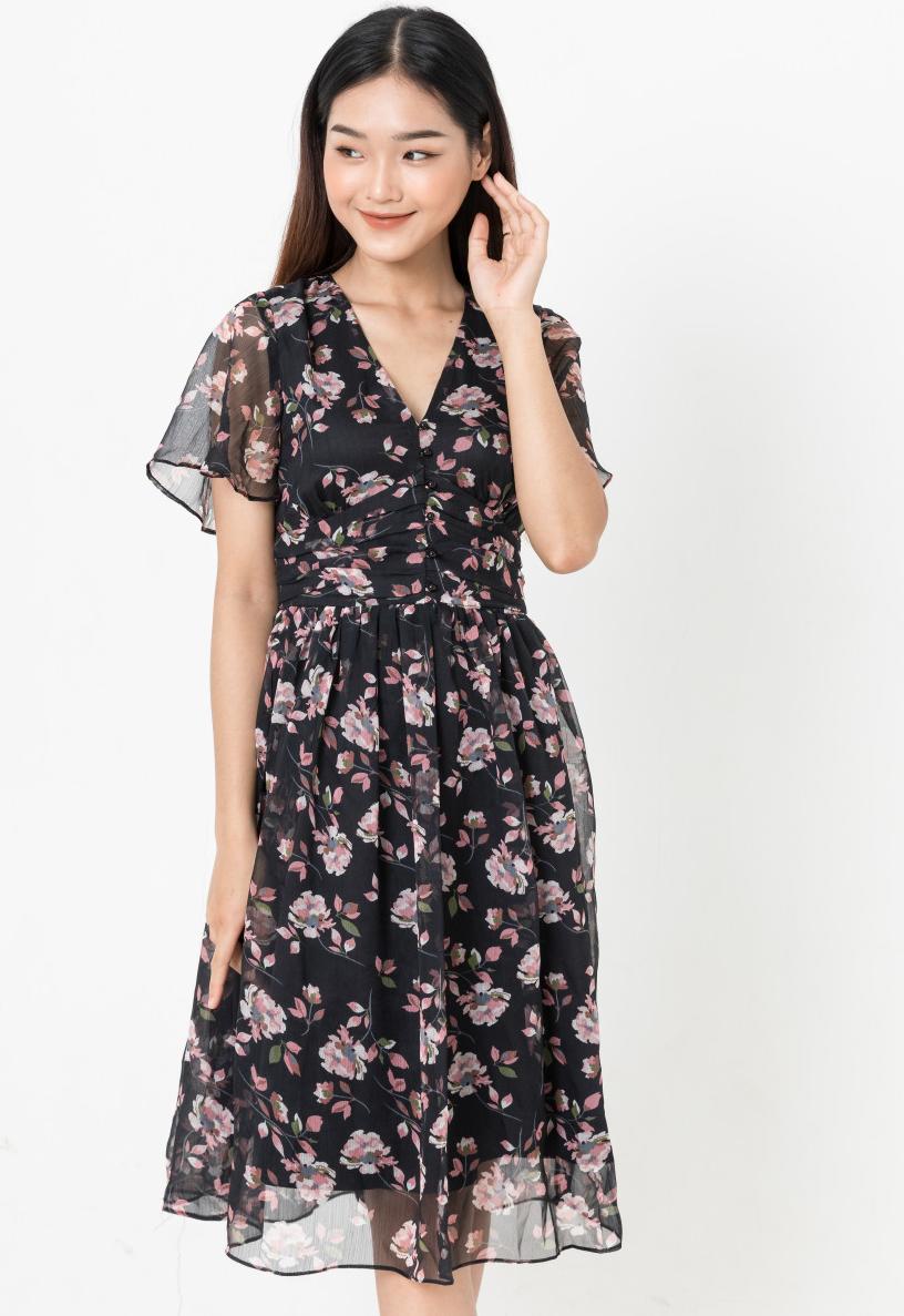 De Leah - Đầm Xoè Nhún Li Eo - Đen