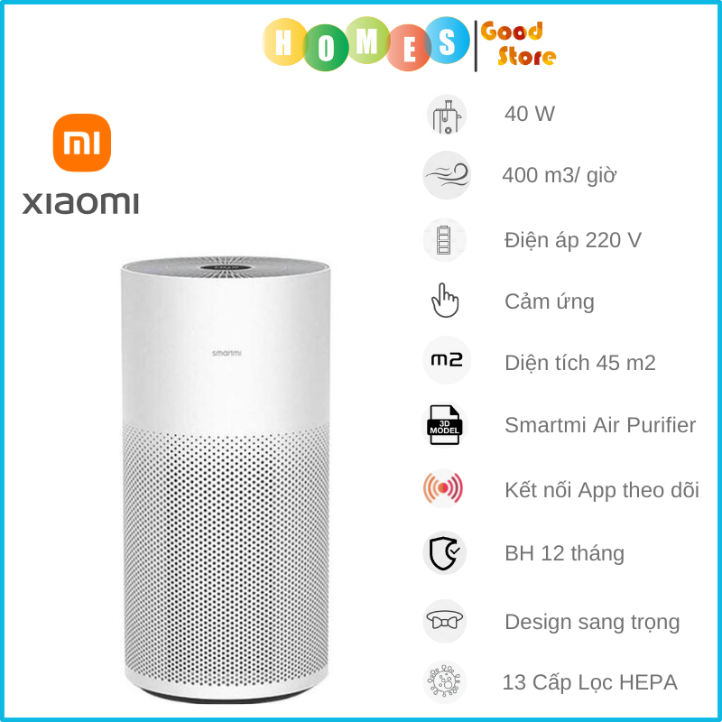 Máy Lọc Không Khí XIAOMI Smartmi Air Purifier Tiêu Chuẩn Mỹ Khử Khuẩn, Làm Sạch Không Khí, Khử Mùi Hôi, Dị Ứng, Kết Nối App Phù Hợp Diện Tích 40m2, Công Suất 40W - Hàng Chính Hãng