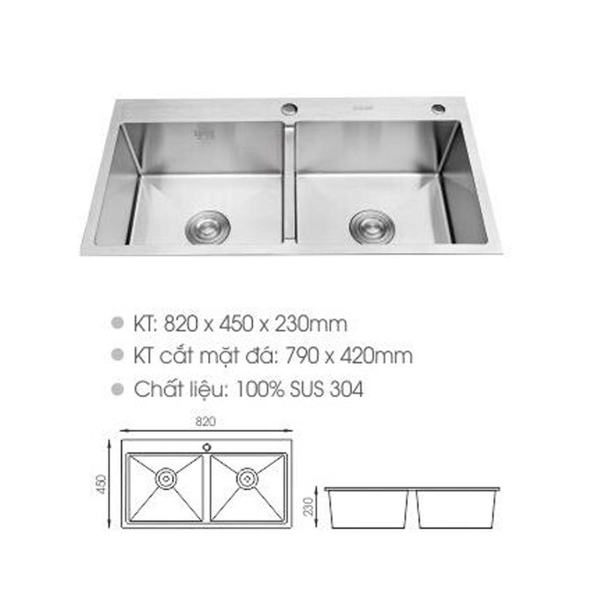 Chậu rửa chén bát Inox đúc nguyên khối 2 hộc