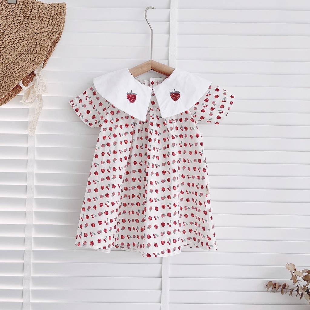 Váy hè cho bé gái 1-6 tuổi cộc tay cổ sen thêu dâu tây, Đầm babydoll trẻ em hàng thiết kế thoáng mát