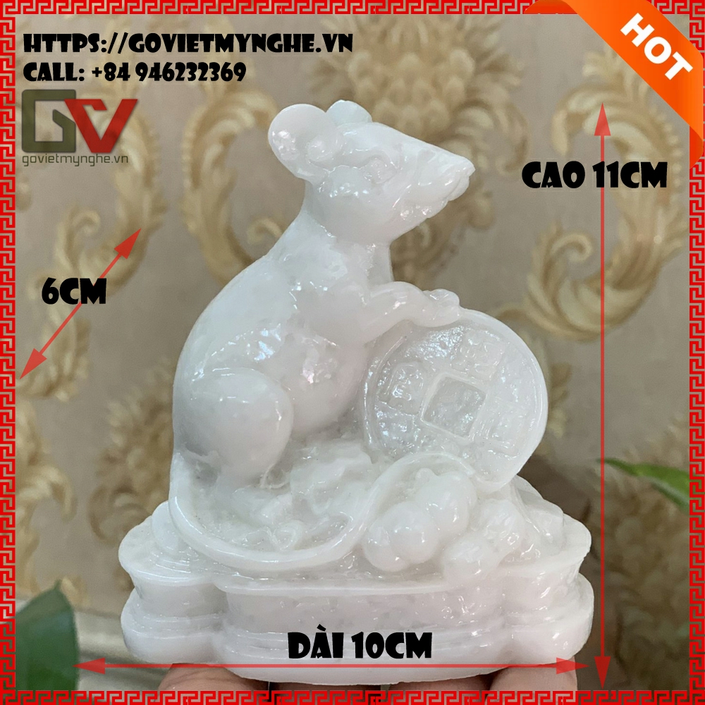 [Chuột phong thủy] Tượng đá trang trí Chuột phong thủy ôm tài lộc - Chiều cao 11cm - Màu trắng đá non nước