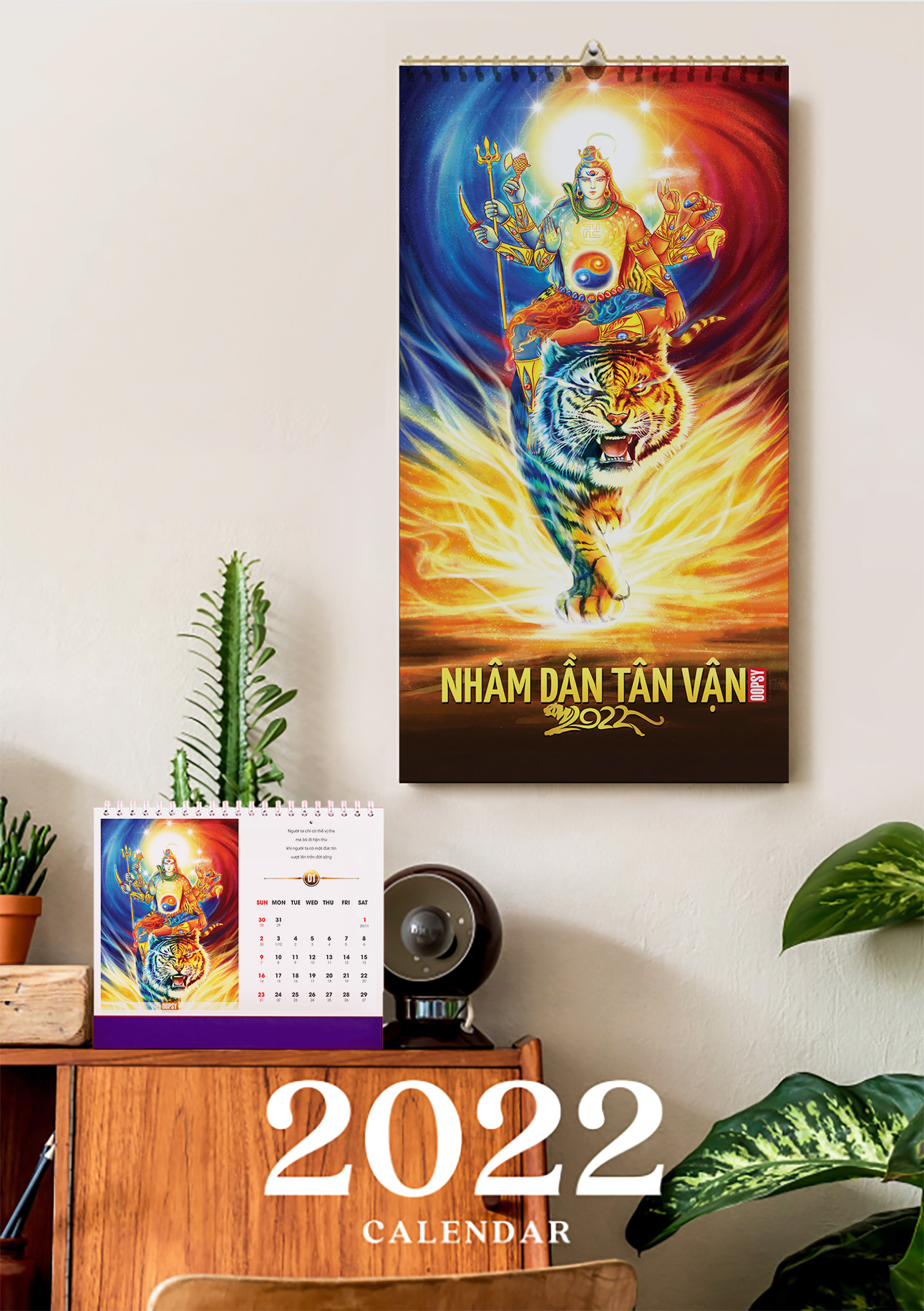 Lịch treo tường khổ lớn 2022 Nhân Dần Tân Vận vẽ tay thiết kế độc đáo in laze sắc nét có kèm quotes OOPSY