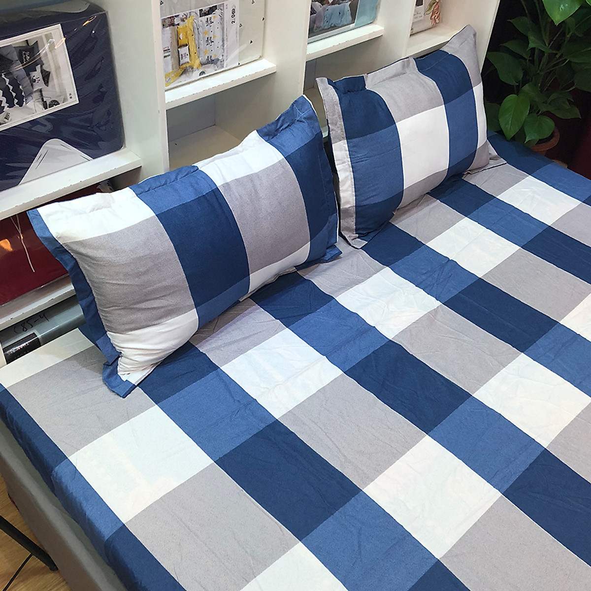 Set 4 món Ga gối Cotton Poly Kẻ Caro Diêm phong cách Hàn Quốc - Tặng 1 bàn chải Bossi