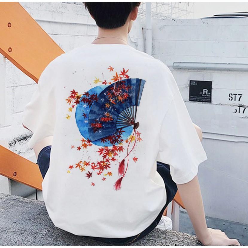 Áo Thun Tay Lỡ Unisex Hoa Đỏ Trên Quạt Xanh Cực Chất