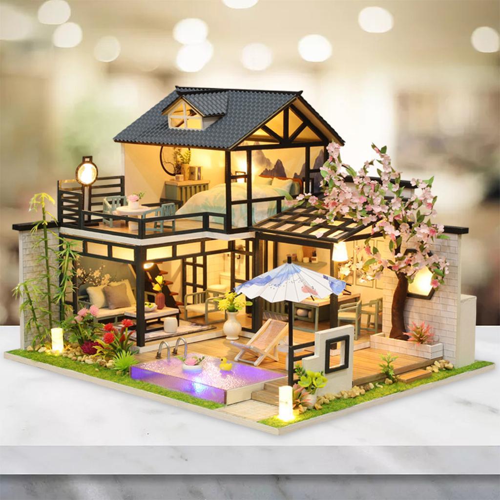 Wooden Dollhouse with Lights and Furniture Accessories, DIY Romantic Creative Villa House Room Set Gift for Ages 3+