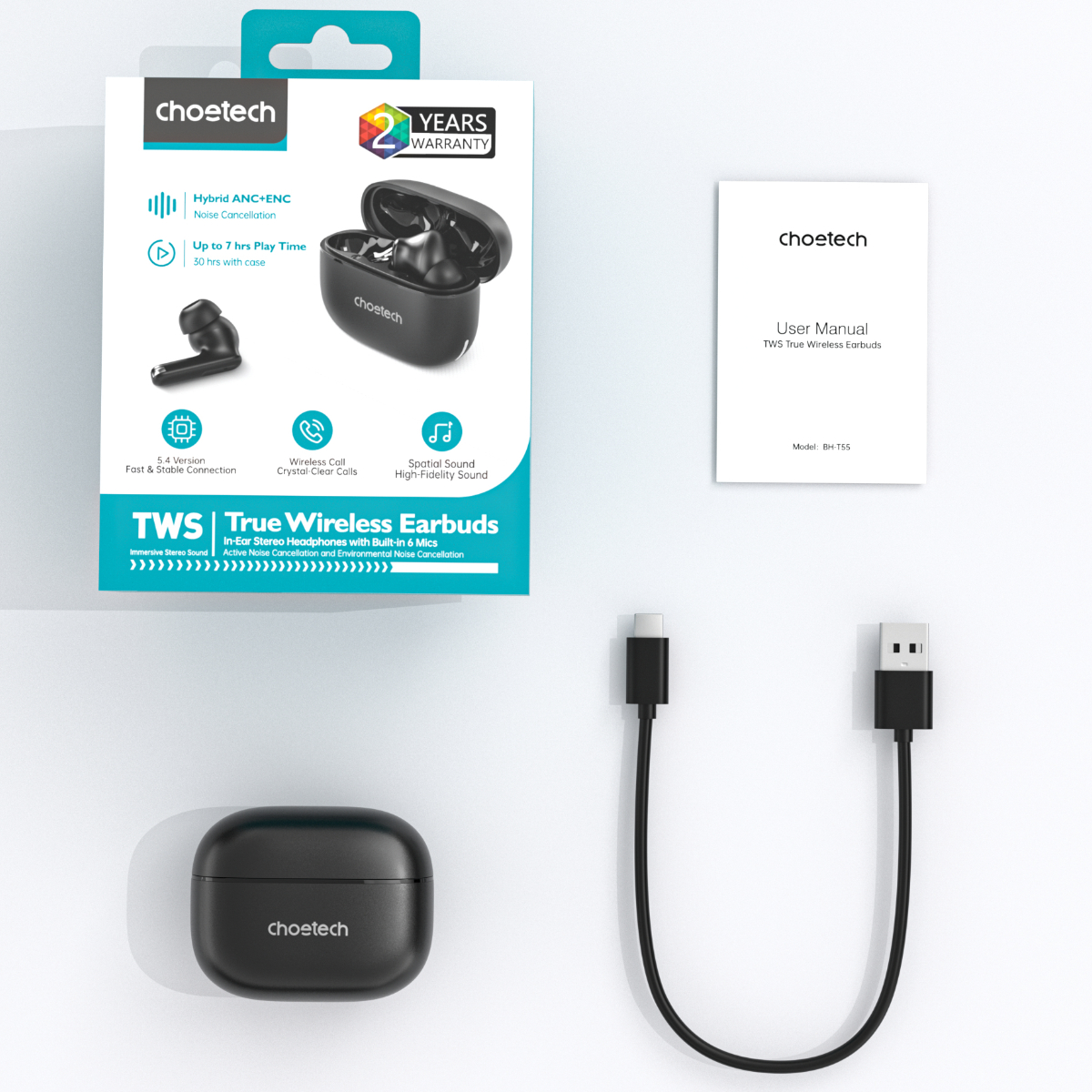 Tai nghe Bluetooth chống ồn ENC+ANC Choetech BH-T55 kết nối ổn định, âm thanh chất lượng cao - Hàng chính hãng