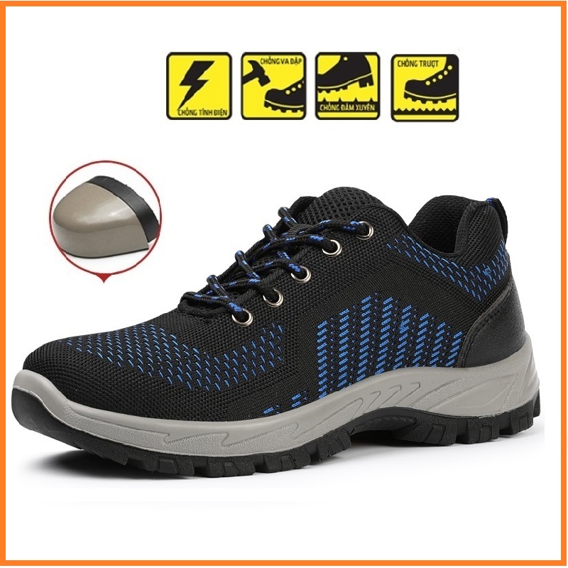 Giày Bảo Hộ GBH14Chống Đinh Kiểu Dáng Thể Thao Màu Đen Xanh- Vải Thoáng Khí-Chống Va Đập-Đế Tăng Ma Sát