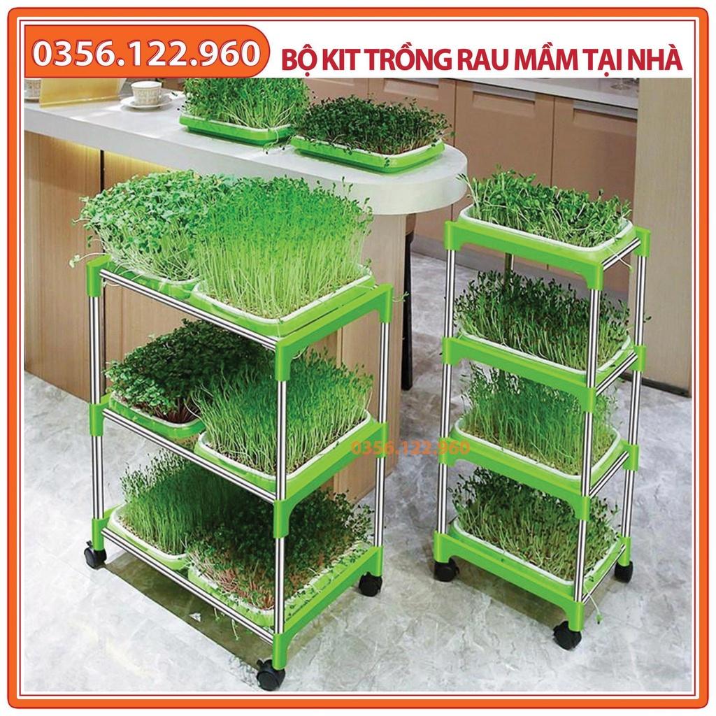 Bộ kit Kệ Khay trồng rau mầm 5 khay, 5 tầng bao gồm: Giá đỡ có 4 bánh + 5 Khay trồng + 500g Hạt giống + Vòi xịt nước.